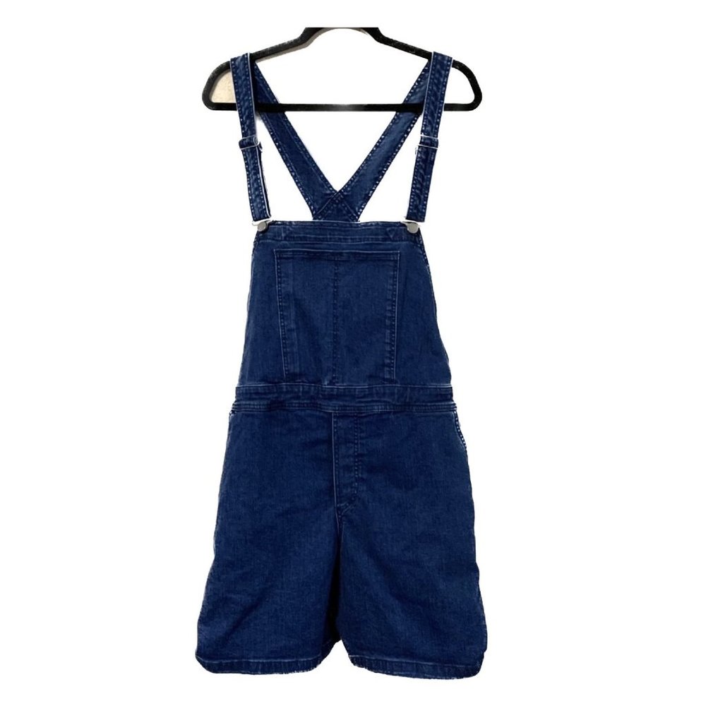 Universal Standard Denim Shortall Bibbed Short Overall Medium Dark Wash Pockets